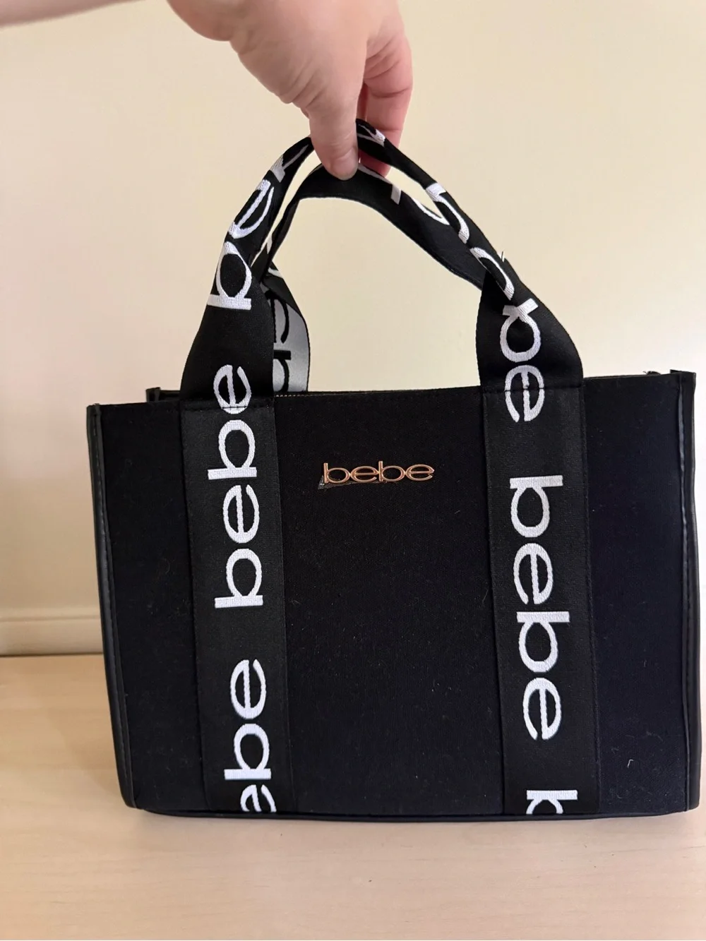 BEBE Hana Satchel Canvas Logo Double Handle Satchel Crossbody Zip Top Purse NEW